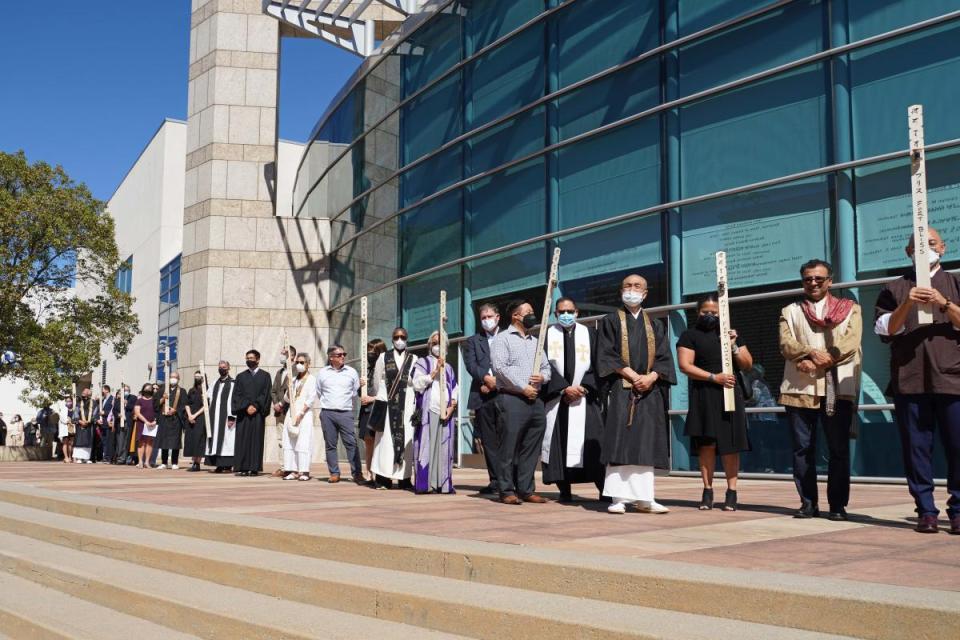 Ireicho procession line with participants holding sotoba
